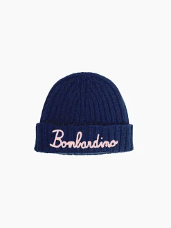Blaue marineblaue Damenmütze aus gemischtem Kaschmir mit Bombardino-Rosa-Stickerei