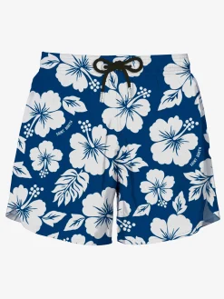 Blaue mittellange Badeshorts mit weißem Blumendruck