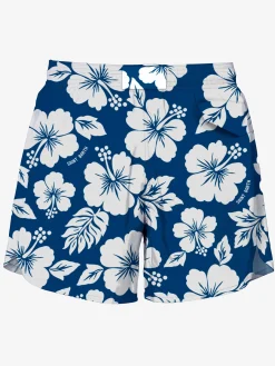 Blaue mittellange Badeshorts mit weißem Blumendruck