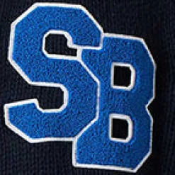 Blaue Strickbomberjacke im College-Stil
