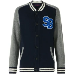 Blaue Strickbomberjacke im College-Stil