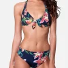 Blauer Bikini mit tropischem Print und Triangel-Oberteil