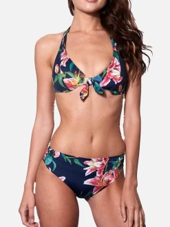 Blauer Bikini mit tropischem Print und Triangel-Oberteil