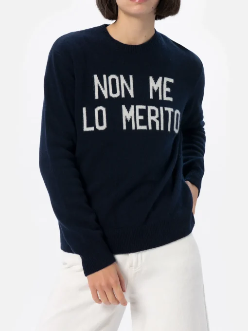 Blauer Damenpullover New Queen mit Non me lo merito-Aufdruck
