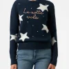Blauer Damenpullover „New Queen“ mit „La notte vola“-Stickerei und Sternen-Print