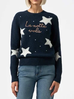 Blauer Damenpullover „New Queen“ mit „La notte vola“-Stickerei und Sternen-Print