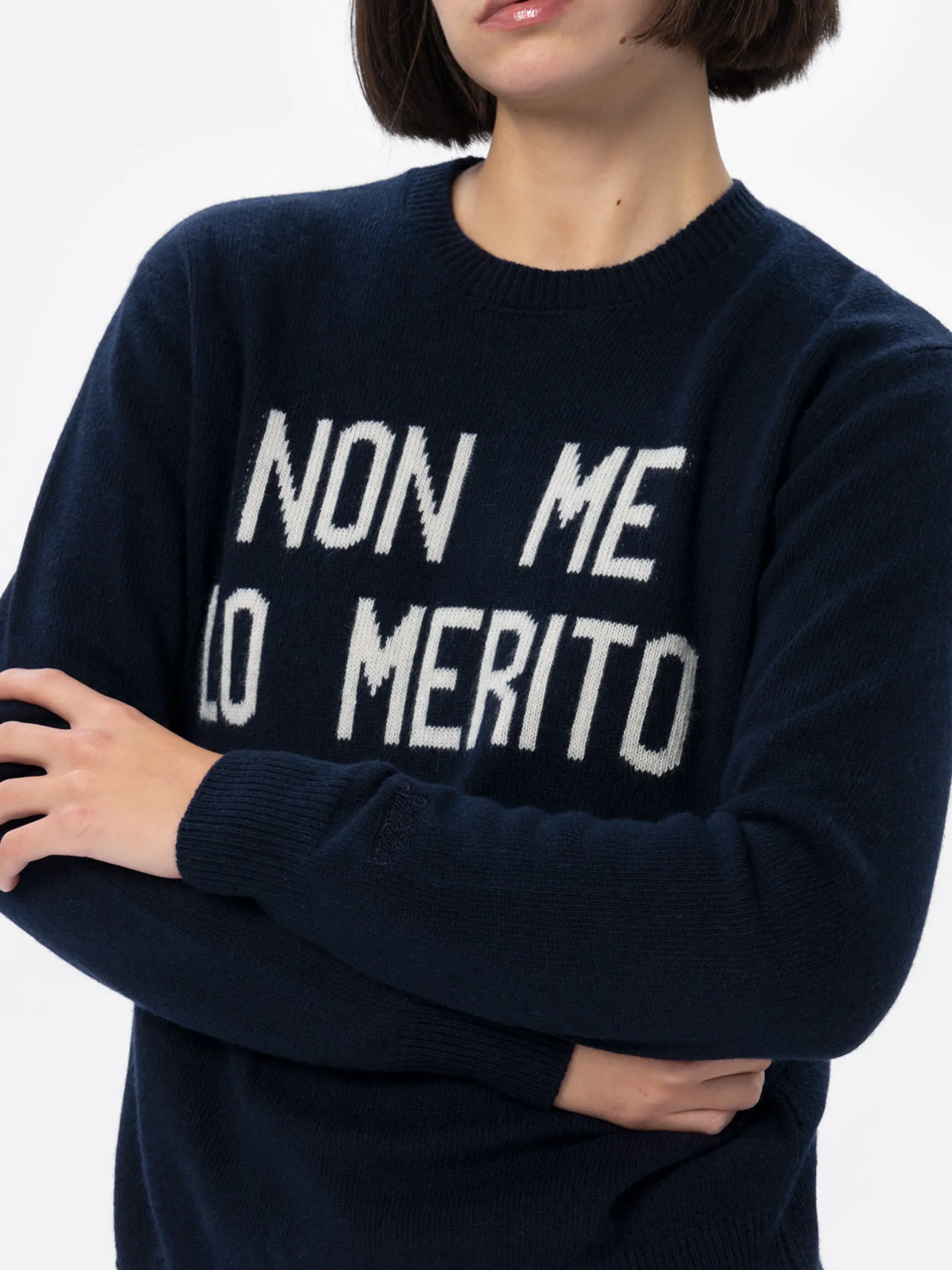 Blauer Damenpullover New Queen mit Non me lo merito-Aufdruck
