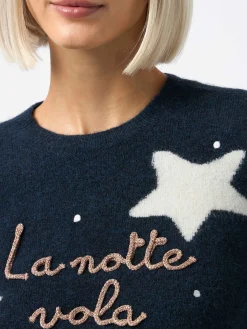 Blauer Damenpullover „New Queen“ mit „La notte vola“-Stickerei und Sternen-Print