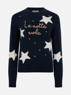 Blauer Damenpullover „New Queen“ mit „La notte vola“-Stickerei und Sternen-Print