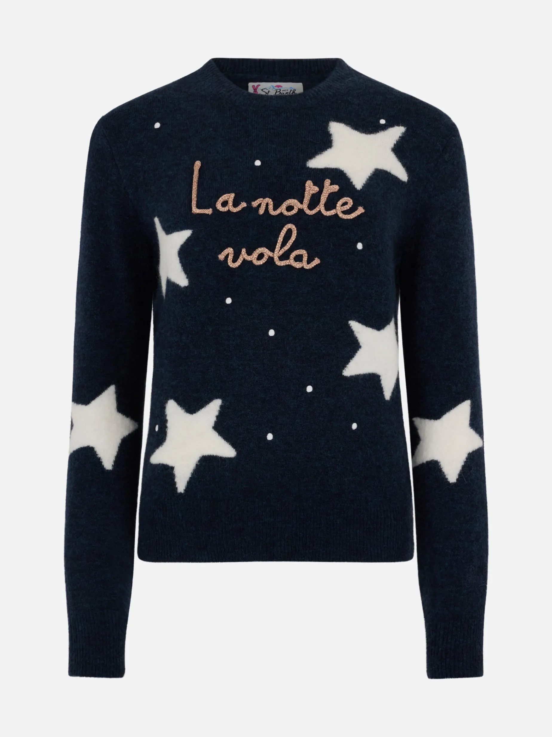 Blauer Damenpullover „New Queen“ mit „La notte vola“-Stickerei und Sternen-Print