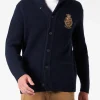 Blauer, gerippter Herren-Cardigan mit Schalkragen, Taschen und Aufnäher