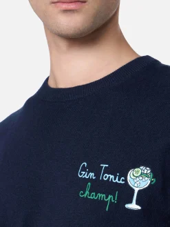 Blauer Herrenpullover Heron mit Gin Tonic Champ-Stickerei