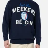 Blauer Herrenpullover Heron mit Weekend Begin-Print