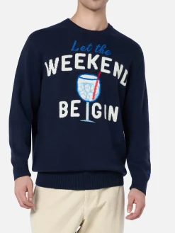 Blauer Herrenpullover Heron mit Weekend Begin-Print