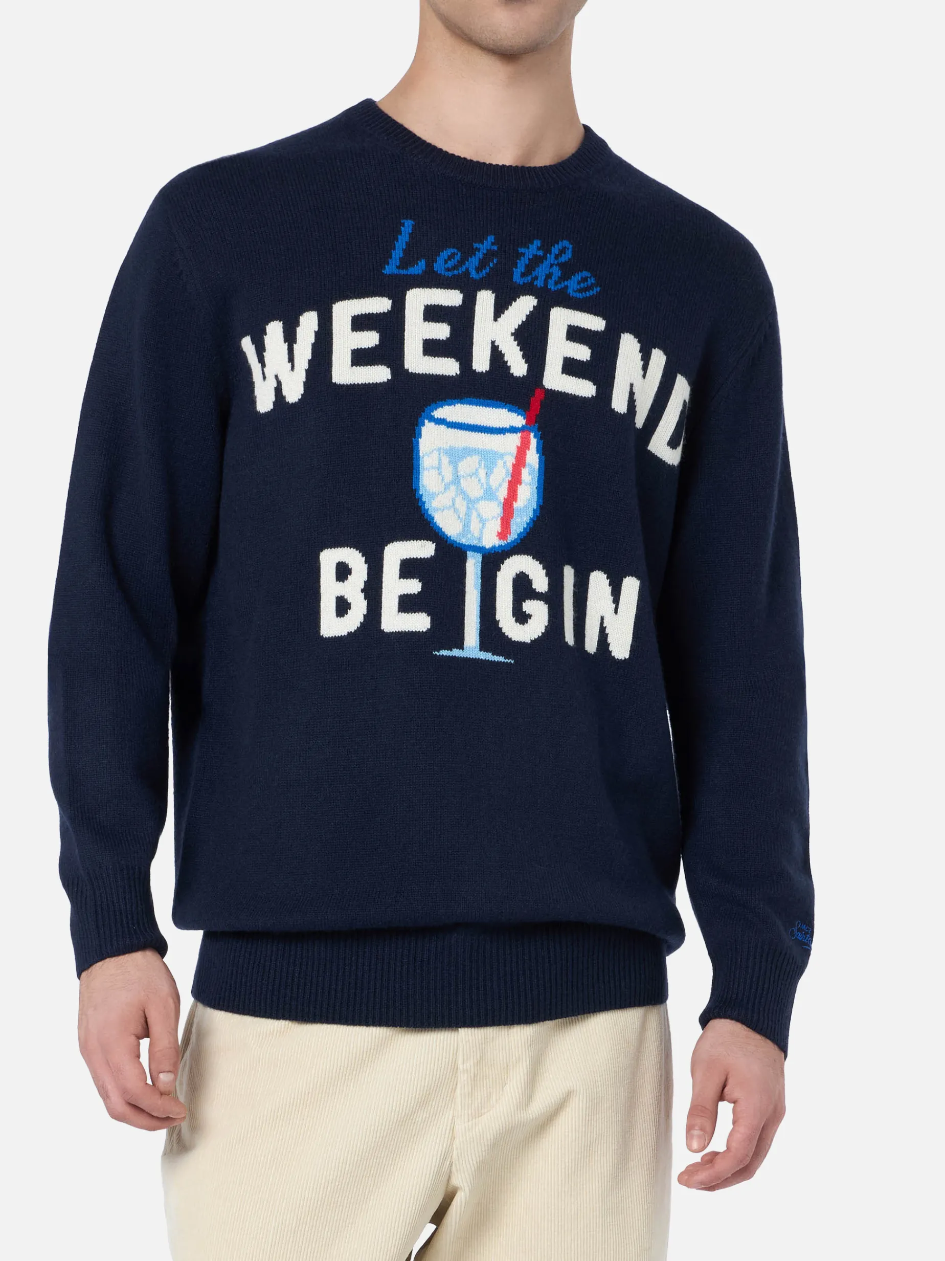 Blauer Herrenpullover Heron mit Weekend Begin-Print