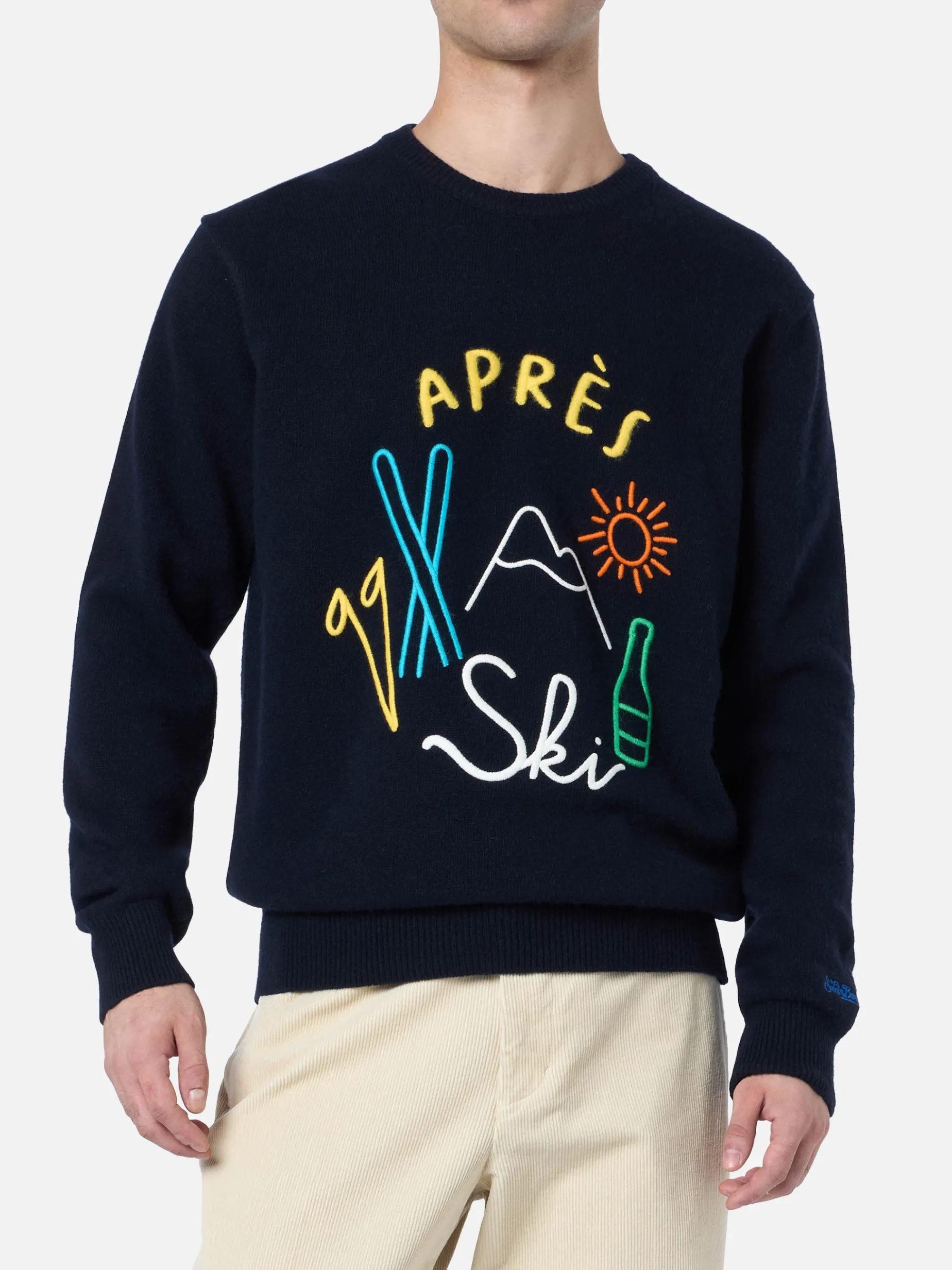 Blauer Herrenpullover Heron mit Apres-Ski-Stickerei