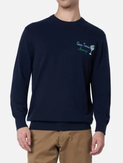 Blauer Herrenpullover Heron mit Gin Tonic Champ-Stickerei