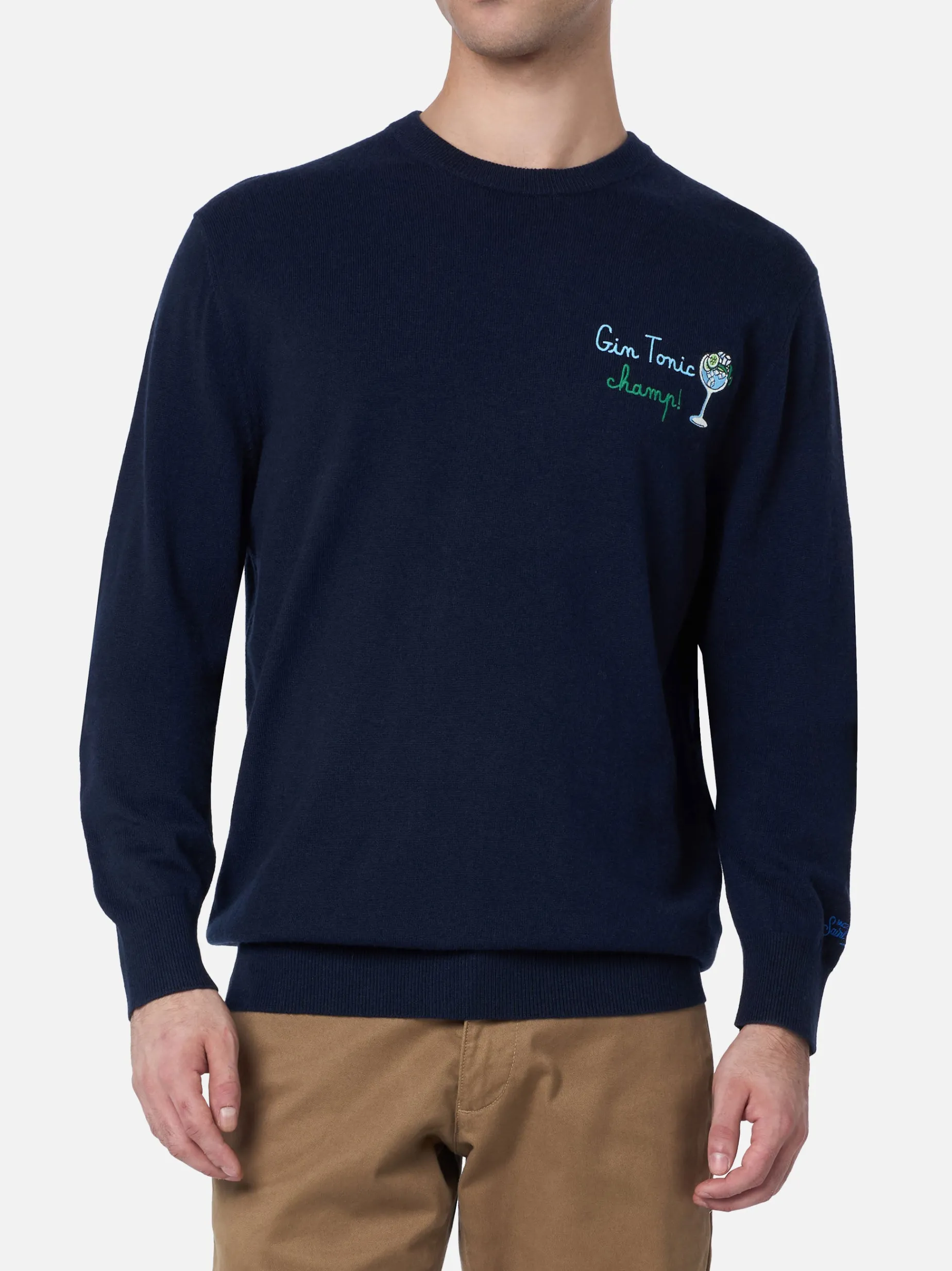 Blauer Herrenpullover Heron mit Gin Tonic Champ-Stickerei
