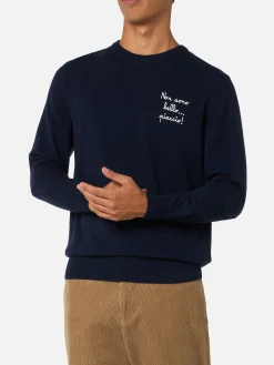 Blauer Herrenpullover Heron Light mit Non sono bello, piaccio! Stickerei | VACANZE DI NATALE SONDERAUSGABE