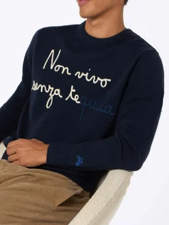Blauer Herrenpullover Heron mit Stickerei „Non vivo senza tequila“