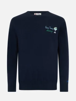 Blauer Herrenpullover Heron mit Gin Tonic Champ-Stickerei