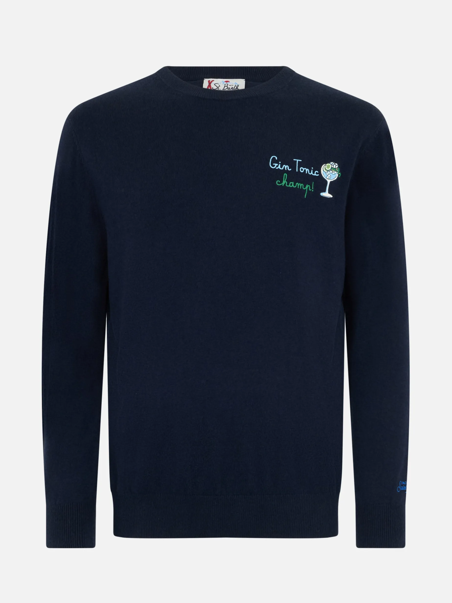Blauer Herrenpullover Heron mit Gin Tonic Champ-Stickerei
