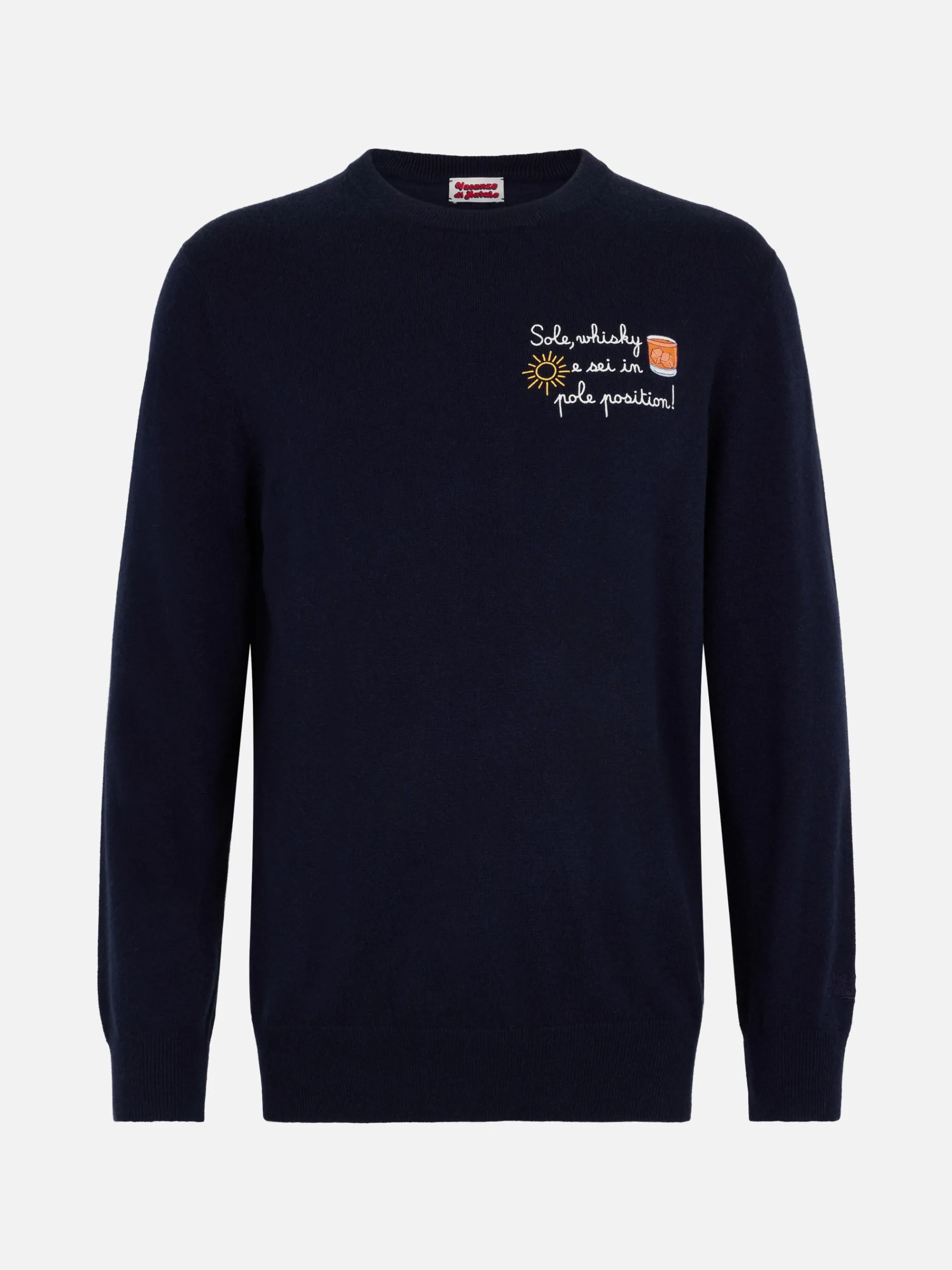 Blauer Herrenpullover Heron Light mit Stickerei „Sole, Whisky e sei in Pole Position!“ | VACANZE DI NATALE SONDEREDITION
