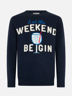 Blauer Herrenpullover Heron mit Weekend Begin-Print