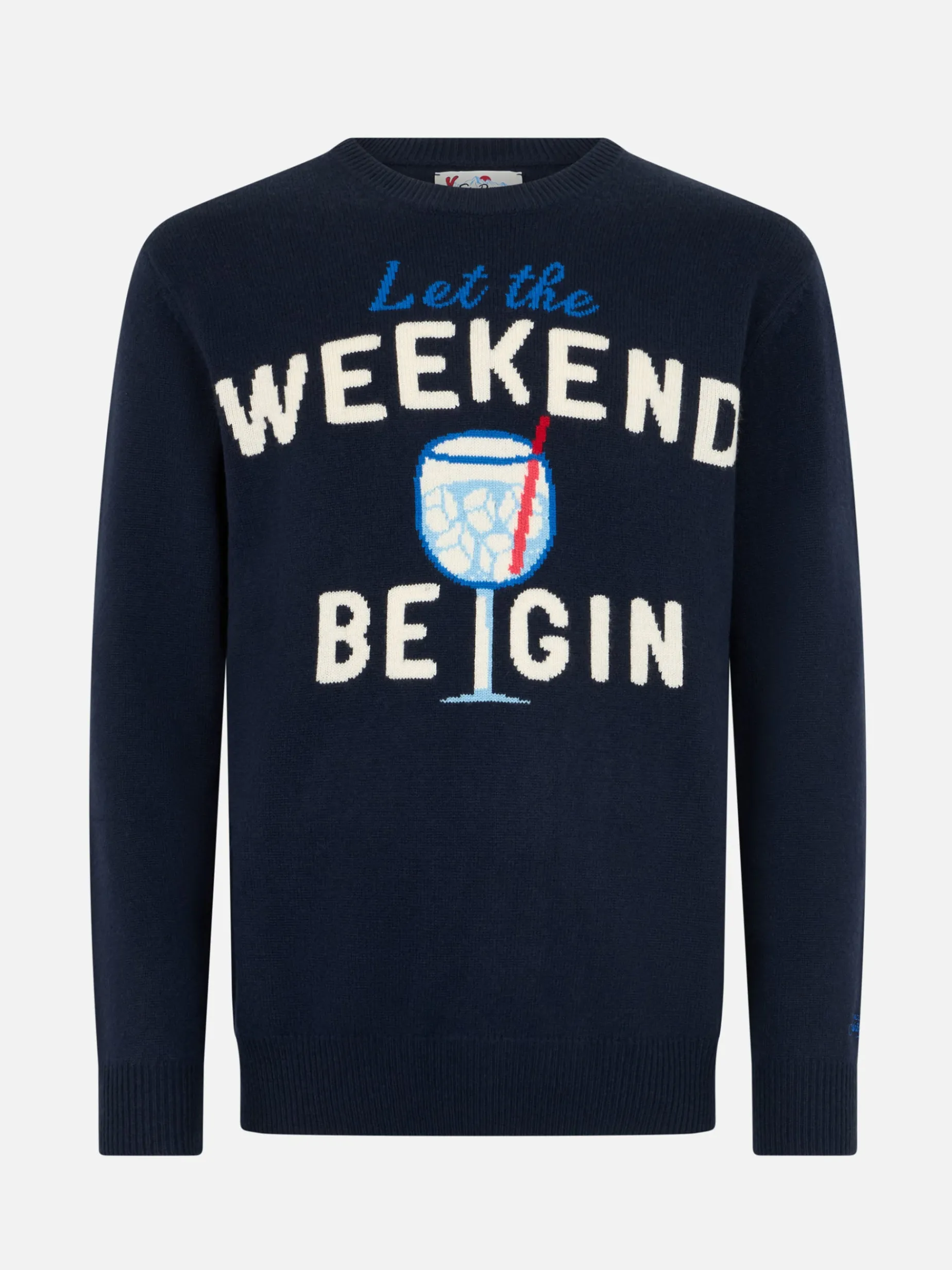 Blauer Herrenpullover Heron mit Weekend Begin-Print