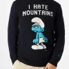 Blauer Herrenpullover in Marineblau mit Aufdruck „I hate Mountains Smurf“ | ©PEYO SONDERAUSGABE