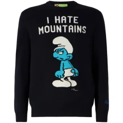 Blauer Herrenpullover in Marineblau mit Aufdruck „I hate Mountains Smurf“ | ©PEYO SONDERAUSGABE