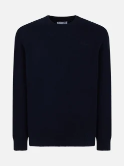 Blauer Herrenpullover mit Rundhalsausschnitt und St. Barth-Stickerei
