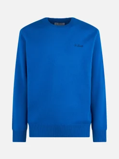 Blauer Herrenpullover mit Rundhalsausschnitt und St. Barth-Stickerei