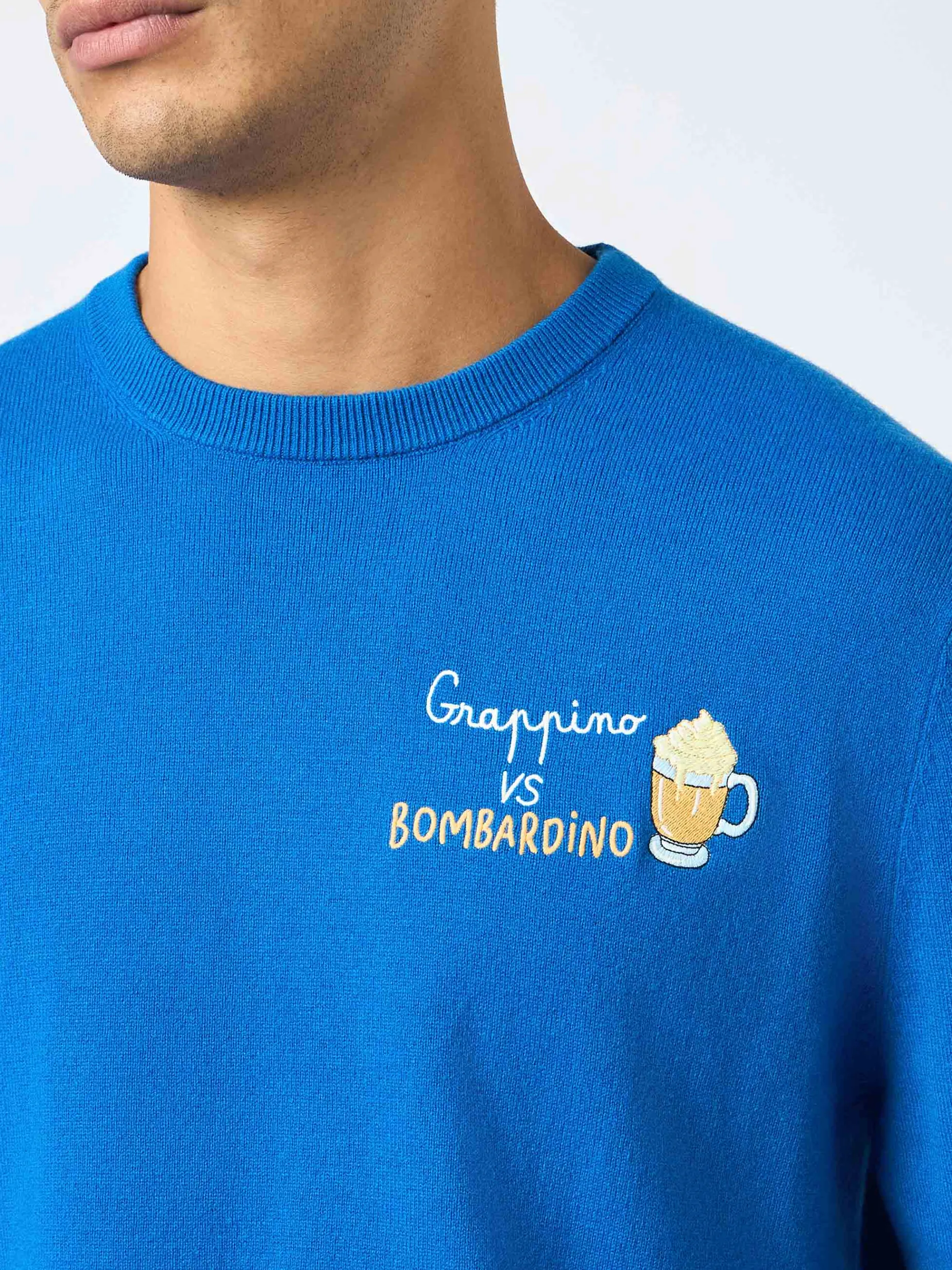 Blauer Herren-Skipullover Heron mit Grappino vs Bombardino-Stickerei