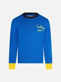 Blauer Jungenpullover mit Rundhalsausschnitt und Stickerei