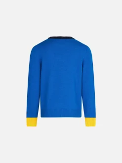 Blauer Jungenpullover mit Rundhalsausschnitt und Stickerei