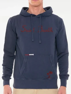 Blauer Kapuzenpullover aus Baumwolle mit Stickerei
