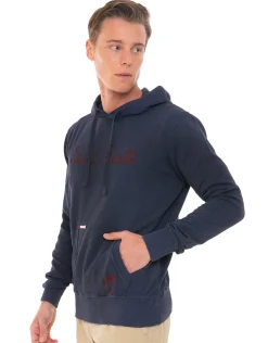 Blauer Kapuzenpullover aus Baumwolle mit Stickerei
