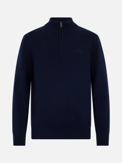 Blauer Pullover Jermyn aus Lammwolle mit Viertelreißverschluss für Herren