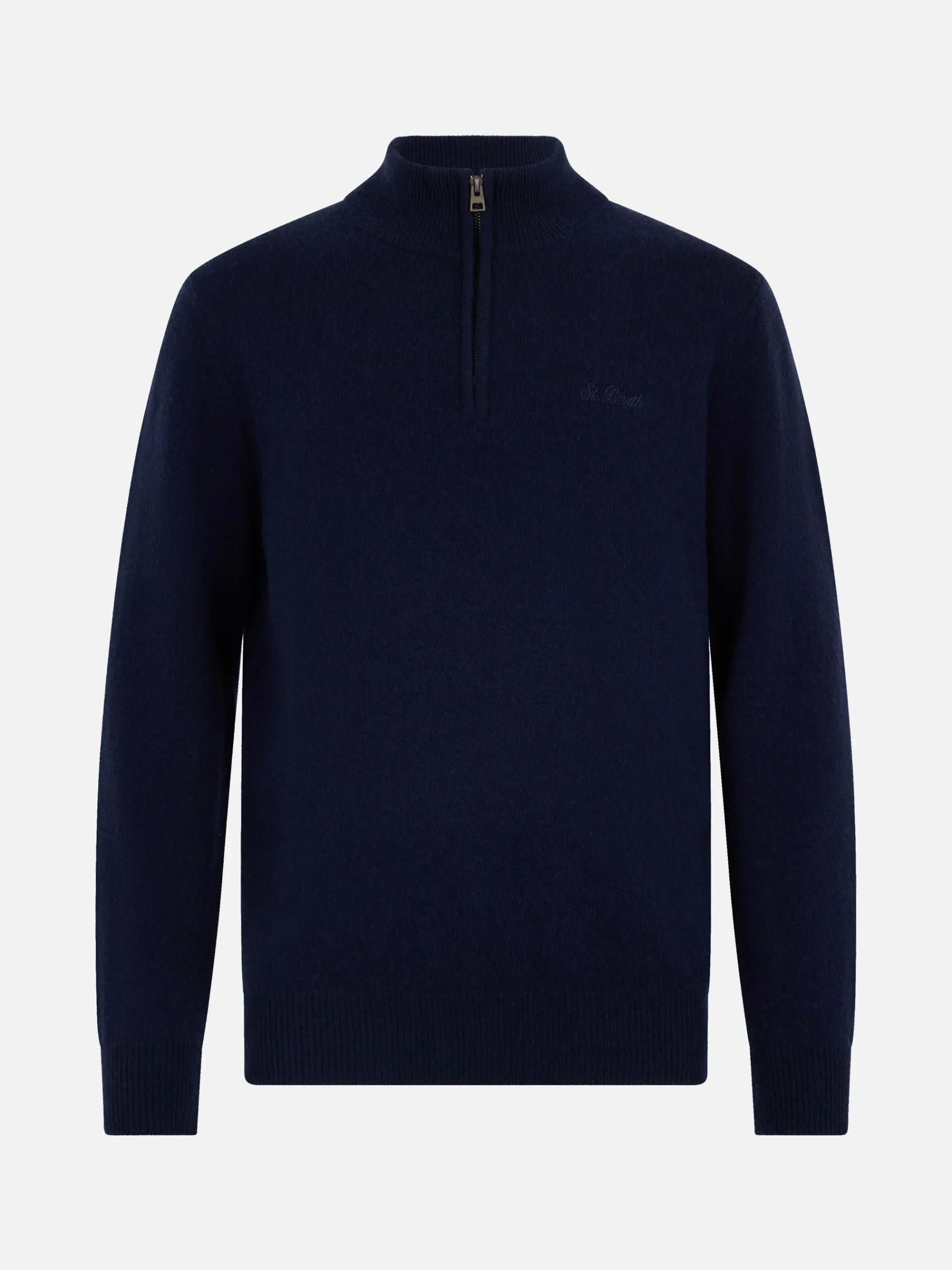 Blauer Pullover Jermyn aus Lammwolle mit Viertelreißverschluss für Herren