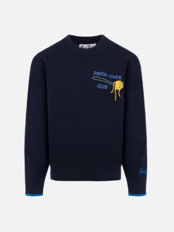 Blauer Rundhalspullover für Jungen Douglas Light mit Pasta-Liebhaber-Stickerei