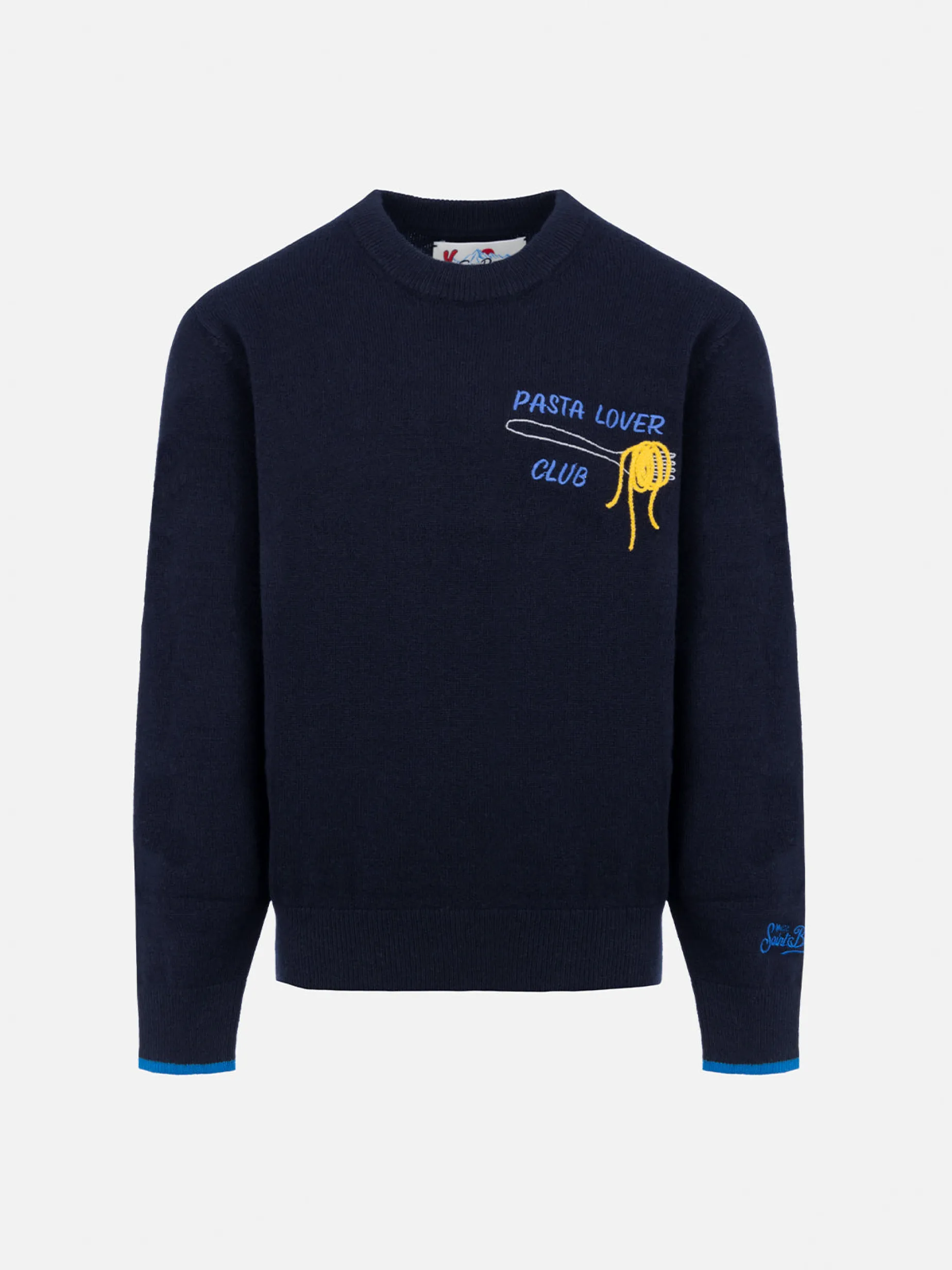 Blauer Rundhalspullover für Jungen Douglas Light mit Pasta-Liebhaber-Stickerei