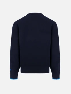 Blauer Rundhalspullover für Jungen Douglas Light mit Pasta-Liebhaber-Stickerei