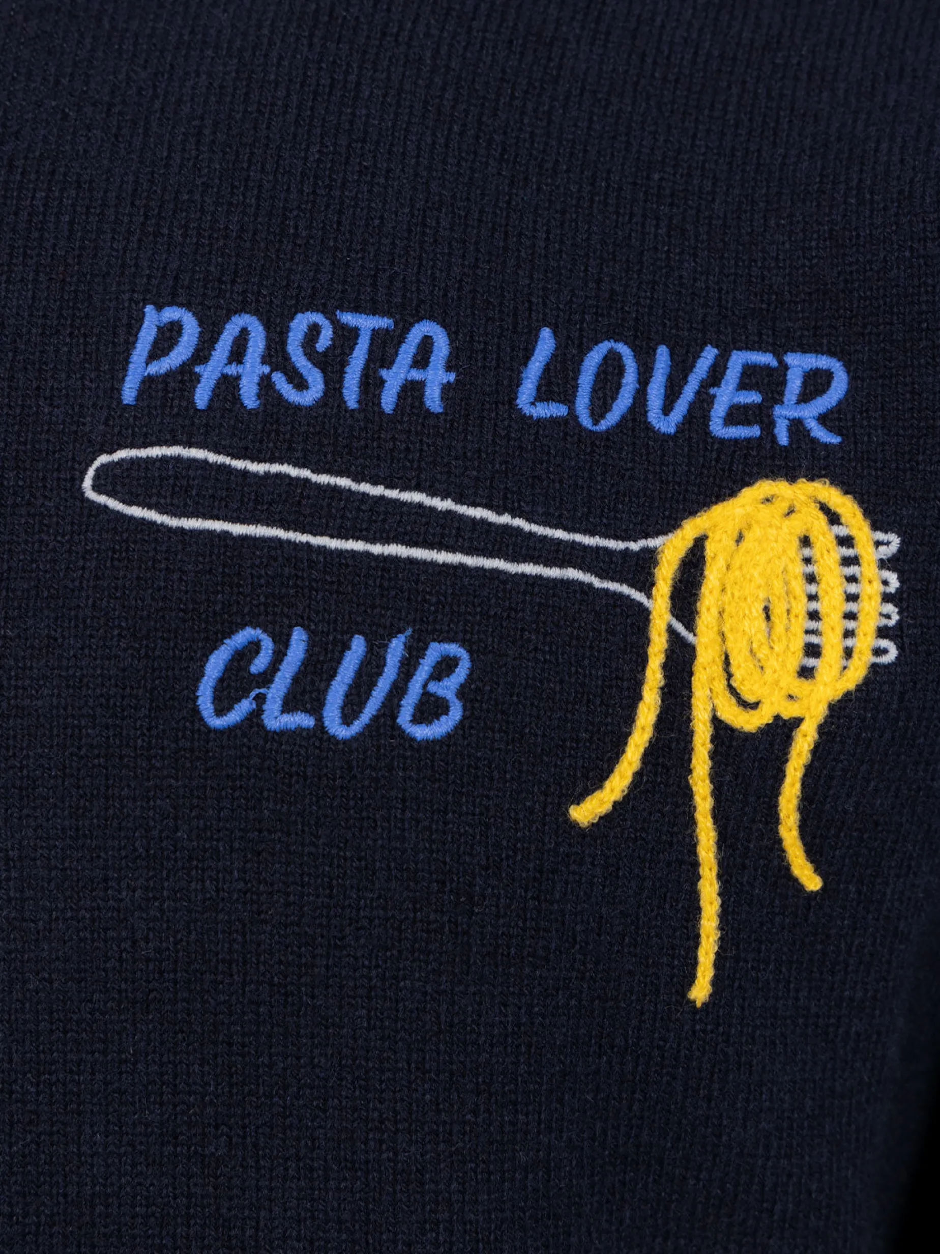 Blauer Rundhalspullover für Jungen Douglas Light mit Pasta-Liebhaber-Stickerei