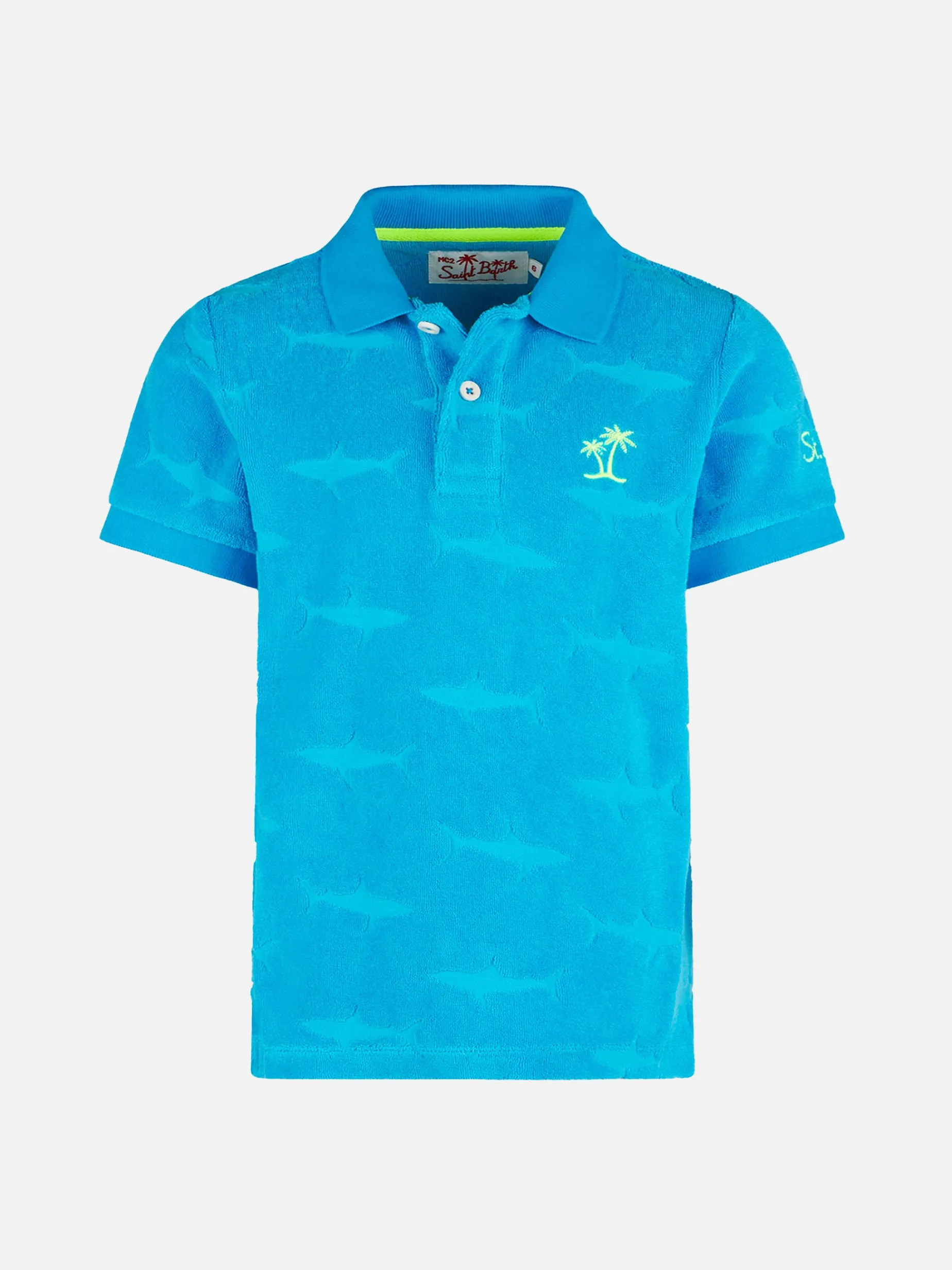 Blaues Jungen-Poloshirt mit aufgeprägten Haifischen aus Frottee