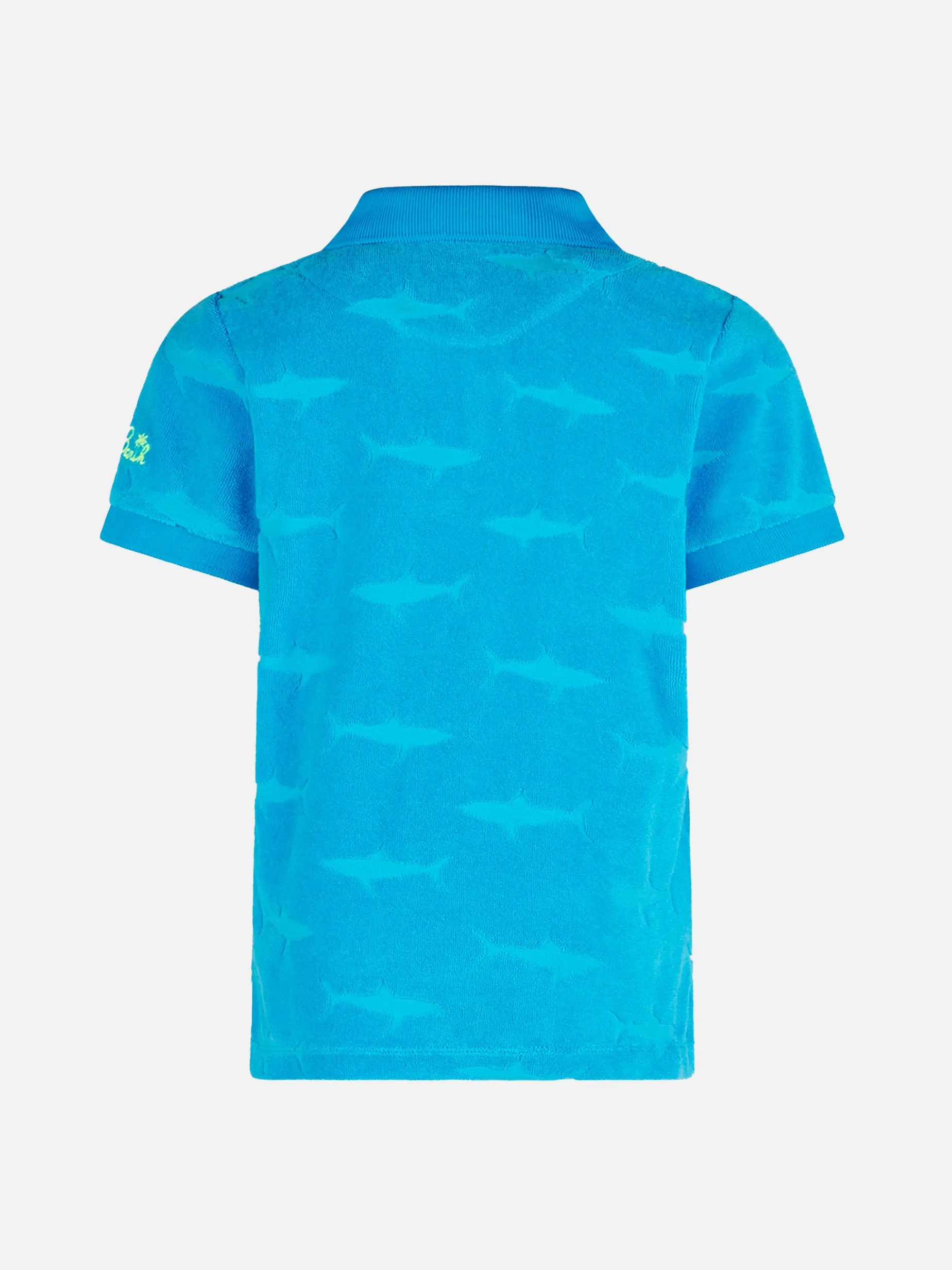 Blaues Jungen-Poloshirt mit aufgeprägten Haifischen aus Frottee
