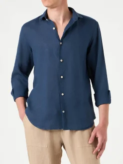 Blaues, marineblaues Pamplona-Leinenhemd für Herren