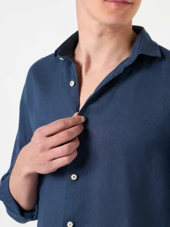 Blaues, marineblaues Pamplona-Leinenhemd für Herren