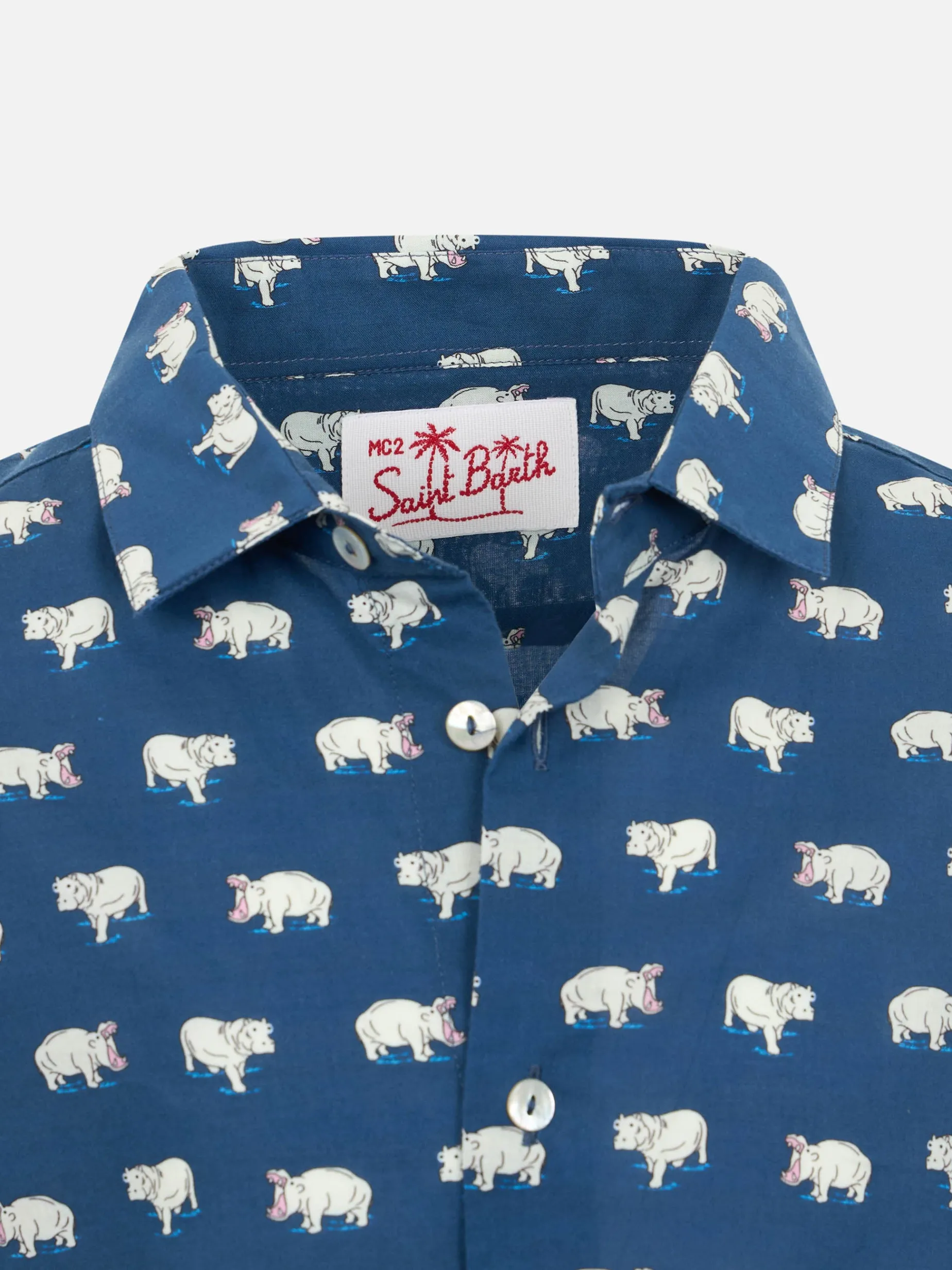Blue Boy-Musselin-Baumwollhemd Sharouk mit Mikro-Nilpferd-Print