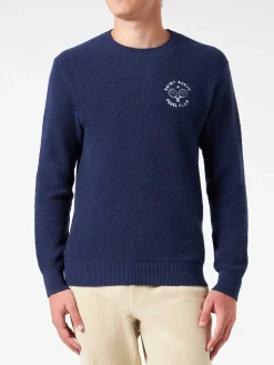 Bluette-Bouclé-Pullover für Herren mit Rundhalsausschnitt und Saint Barth Padel Club-Stickerei